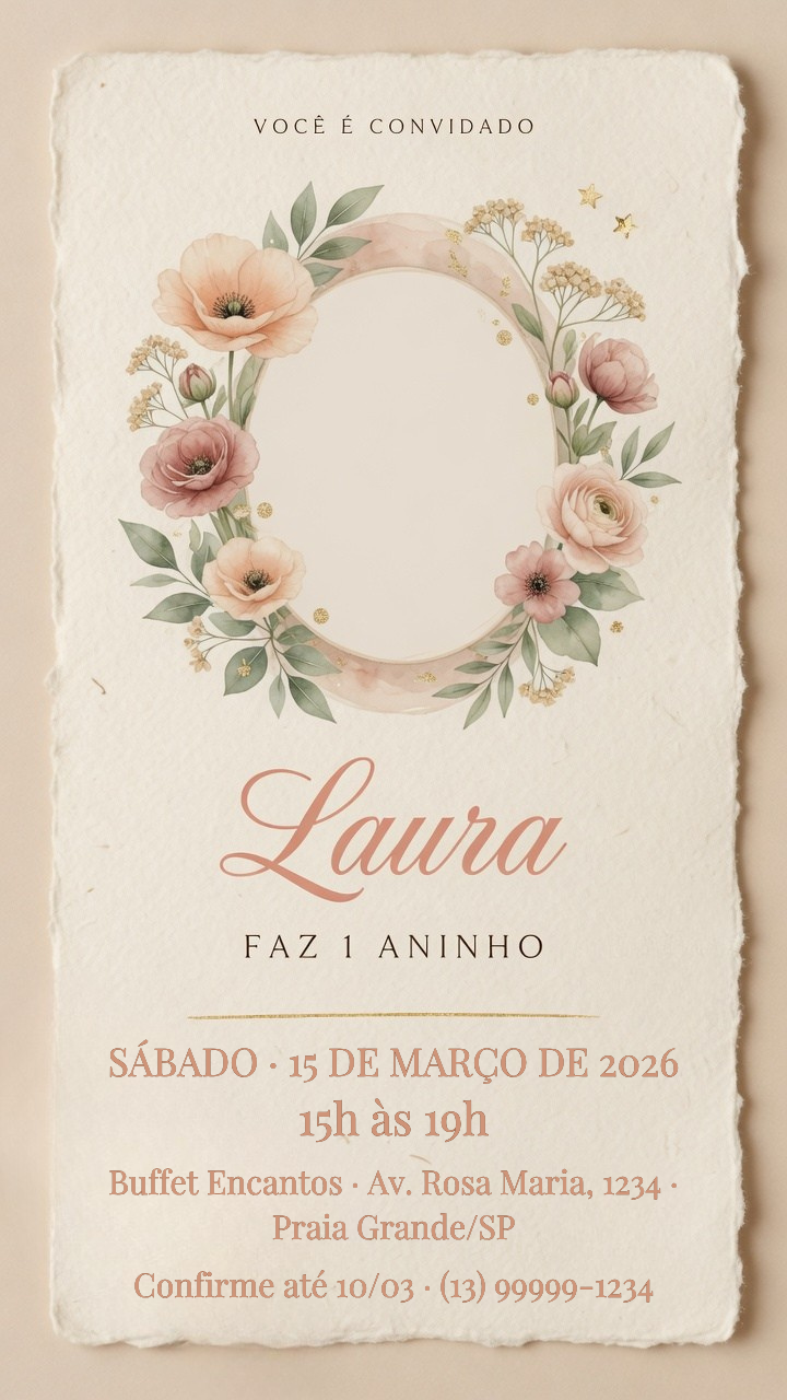 Convite de aniversário de 1 ano da Laura, estilo boho com aquarela floral