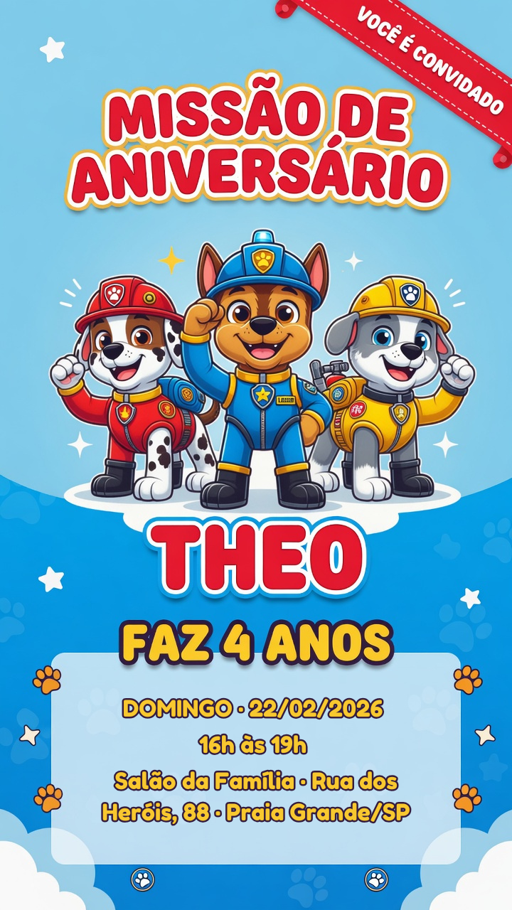 Convite de aniversário do Theo, tema patrulha canina infantil colorido