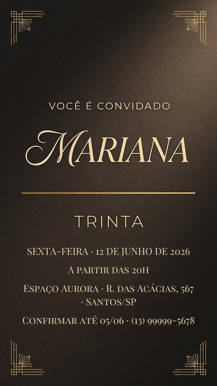 Convite de aniversário de 30 anos da Mariana, estilo moderno luxuoso em dourado